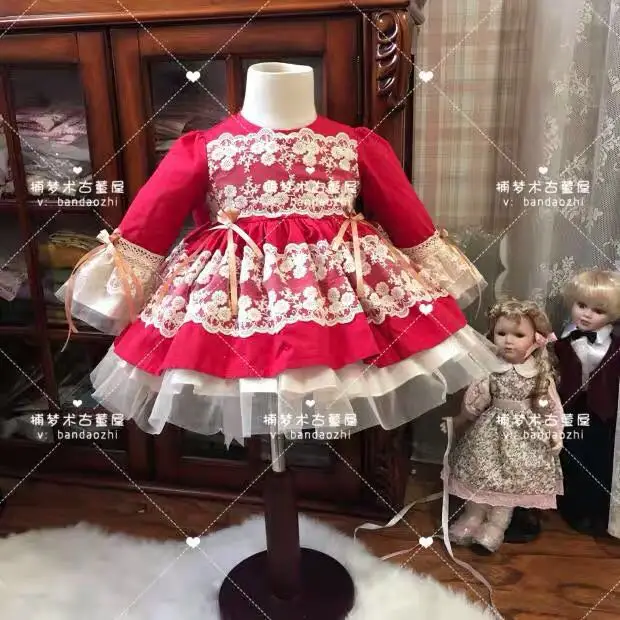 Новое От 0 до 12 лет осенне-зимнее красное винтажное испанское платье с длинными рукавами для маленьких девочек кружевное платье принцессы в стиле Лолиты на Рождество, день рождения