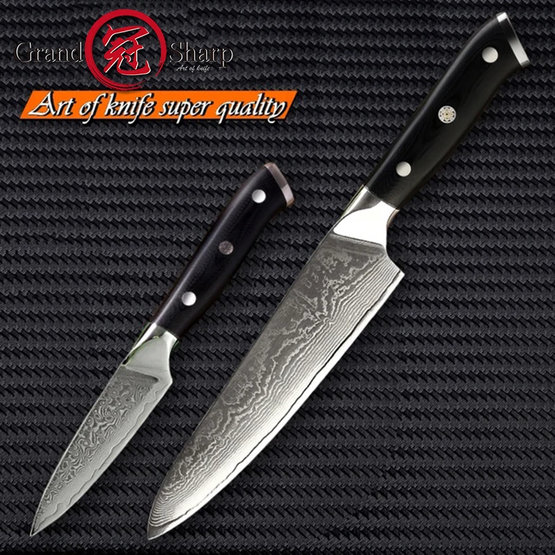 Grandsharp Damascus Kitchen Knife Set 2 Pcs Gyuto Chef Paring Knife