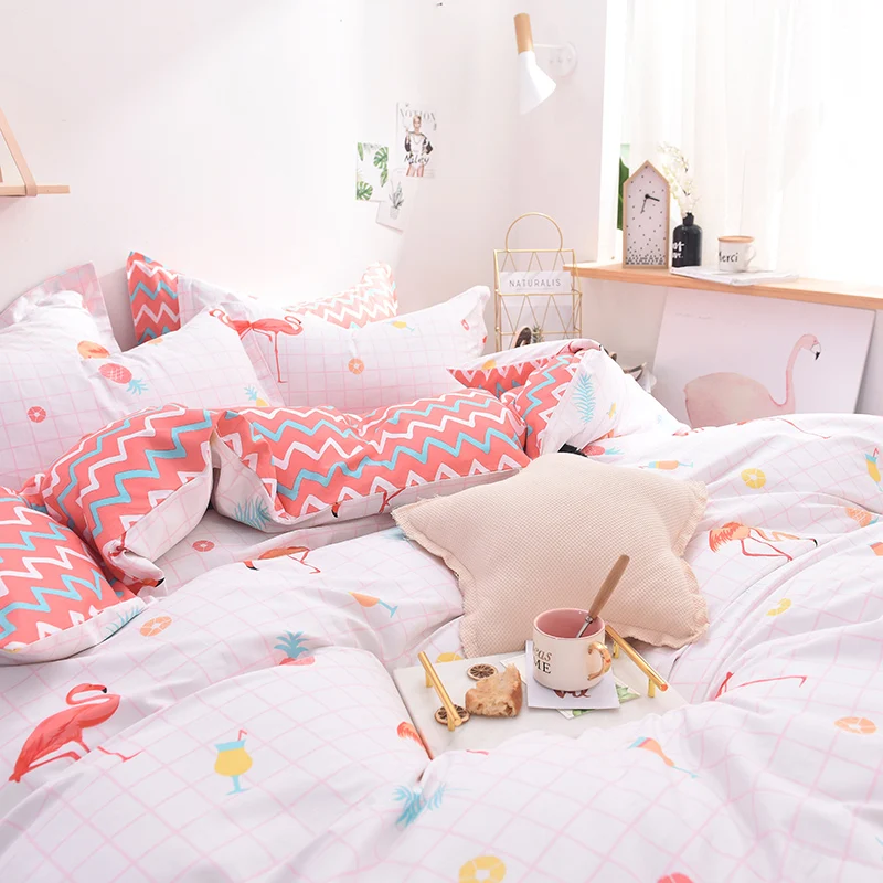 Розовый комплект постельного белья с Фламинго милый набор пододеяльников для девочек, хлопок, мягкий комплект постельного белья с простыней, одеяла, наволочки