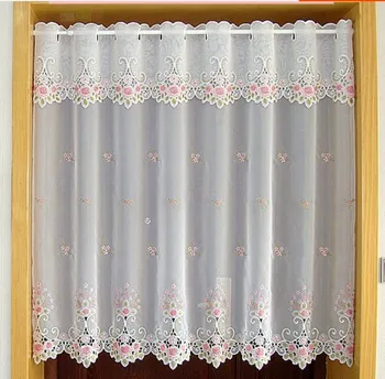 

Embroidery Fabric Window Curtains White Pink Flower Rose Door Curtain Half Kitchen Curtain Bedroom Decoration Light Shading AA55