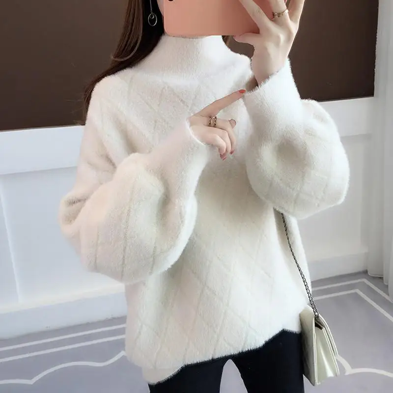 Женский осенне-зимний пуловер с воротником под горло из искусственного норка и кашемира, Женский утепленный клетчатый свитер, женский джемпер, топы V446 - Цвет: white