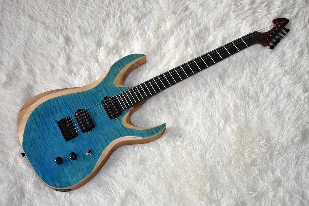 

Factory Custom Blue Electric Guitar with Flame Maple Veneer,String-Thru Body,Black Hardware,High Quality,Can be Customized