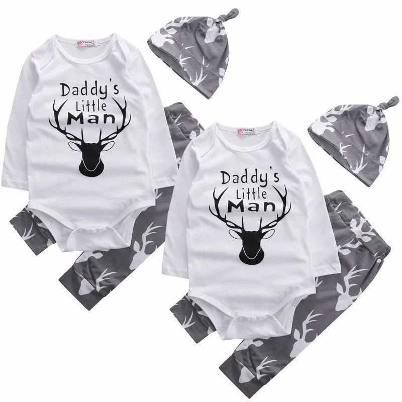 Новорожденных Для маленьких мальчиков комплект одежды для новорожденных комбинезон с оленем Топы корректирующие длинные Брюки для девочек шляпа 3 шт. Комплект Одежда для маленьких мальчиков