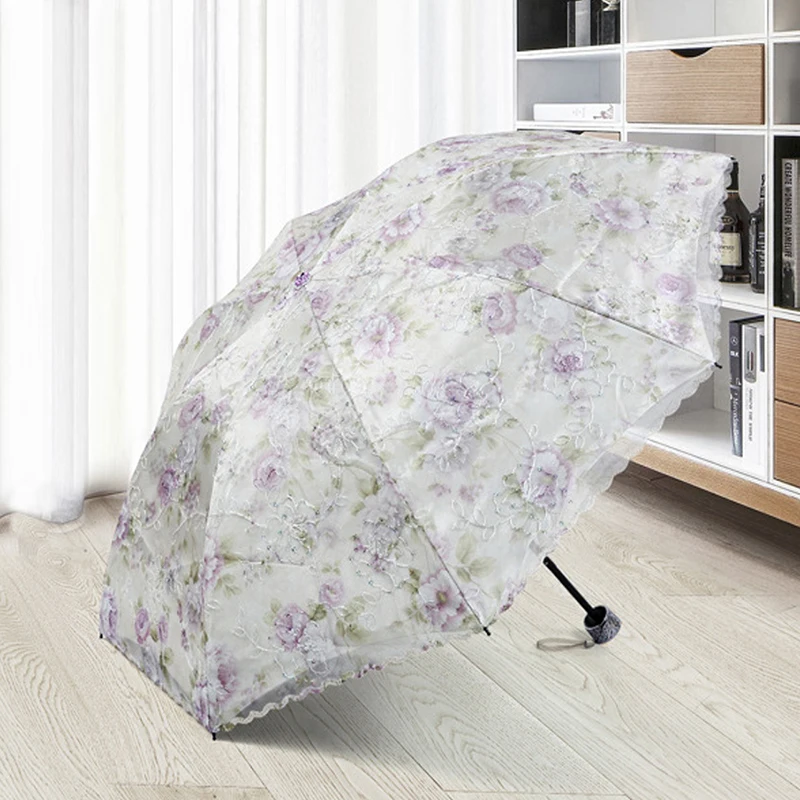 

Embroidery Lace Flower Female Women Umbrella 3 Fold Anti UV Protection Sun Shade Windproof Small Girl Rain Umbrella Sunscreen