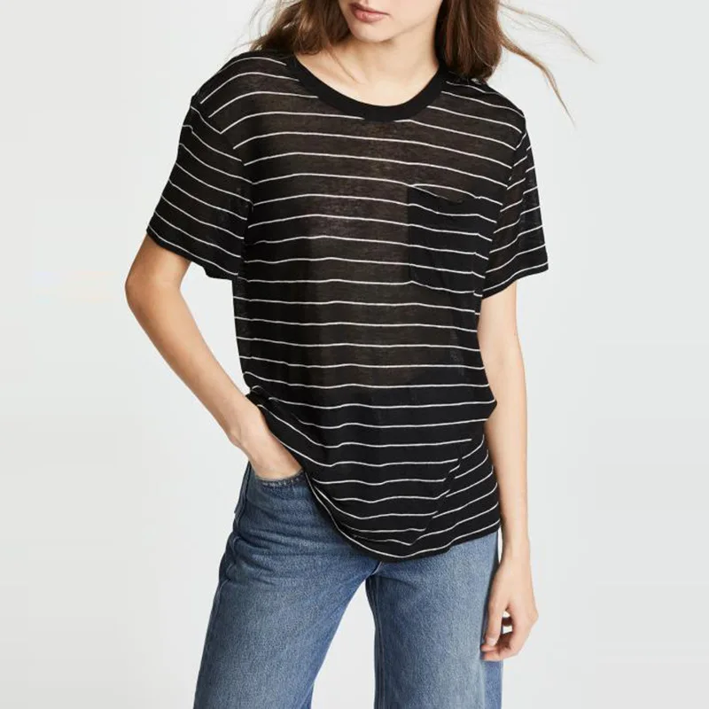 

2019 Spring and Summer Foundation Mixing Soft and Simple Striped Short Sleeves O-Neck Striped Women Shirts