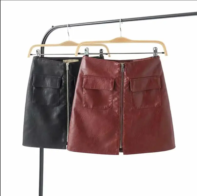 

2019 autumn and winter women's skirt PU leather sexy skirt with pocket zipper bag hip skirt