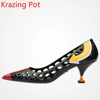 

Fashion Genuine Leather Brand Shoes Strange Style High Heels Pointed Toe Women Pumps Slip on Runway Hollow Wedding Shoes L01