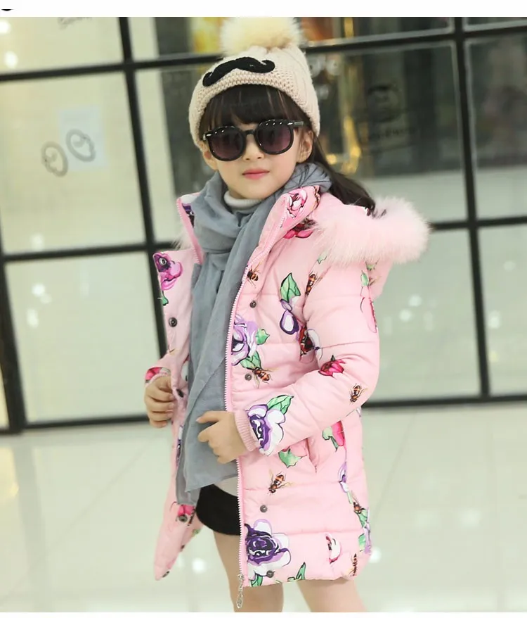 Пуховики для девочек Детская верхняя одежда Модное теплое хлопковое пуховое пальто с цветочным рисунком для девочек детская одежда куртки для маленьких девочек HB1020