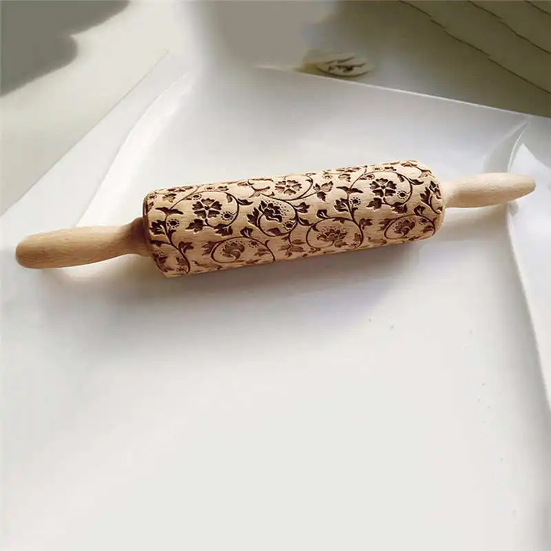 Christmas Rolling Pin Engraved Carved Wood Embossed Rolling Pin Kitchen Tool Christmas tree fondant embossed rolling pin #2n21 (8)