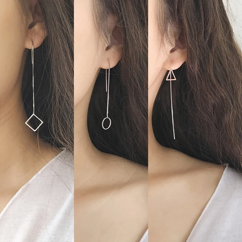 

SHUANGR Korean Simple Style Geometric Long Tassel Ear Line Drop Dangle Earrings Triangular Round Square Simple Series Brincos