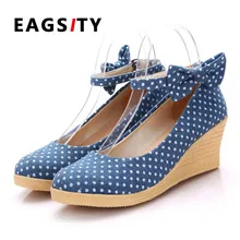 Jean tissu toile femmes pompes boucle cheville med compensées bout rond casual chaussures Mary jeans chaussures papillon-noeud plate-forme talon chaussures
