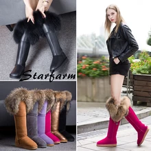 STARFARM ugs women australia winter snow boots fox fur genuine leather woman ladies knee high boots flat or wedge withinSFWB032