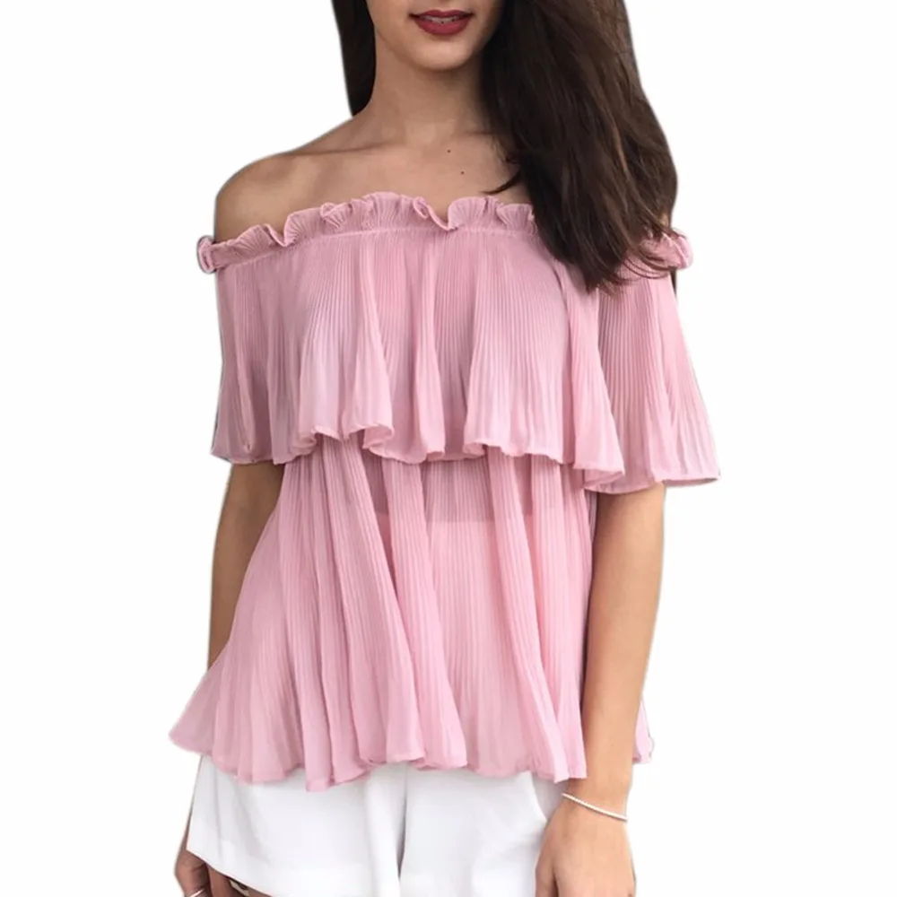 2018 Ruffle Off Shoulder Chiffon Female Blouse Shirt Summer Beach Loose