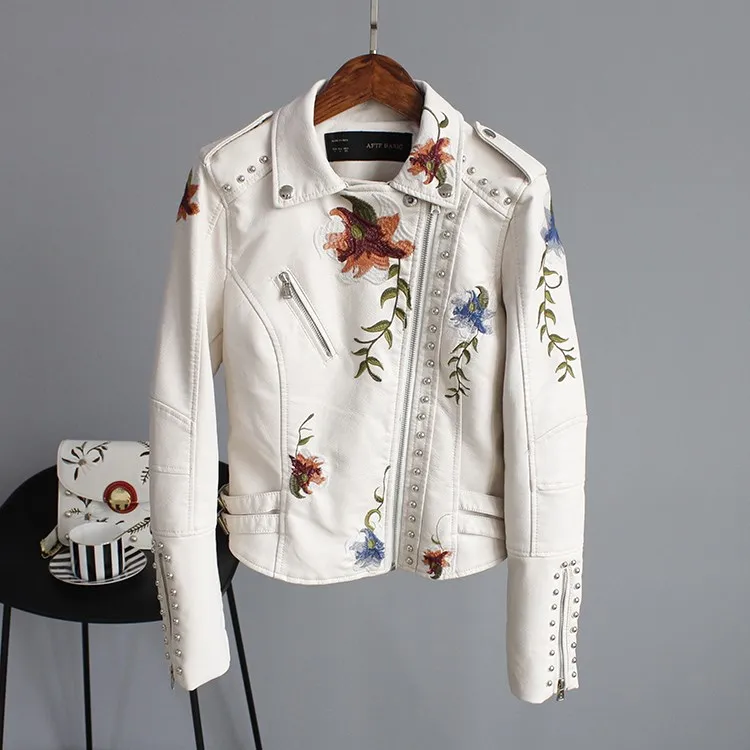 

2019 Faux Soft Leather Jacket Coat Turn-down Collar Casual Pu Motorcycle Black Punk Outerwear Women Floral Print Embroidery