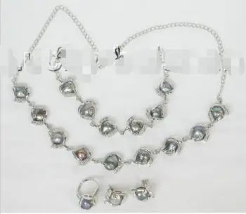 

Women Gift word Love Shipping >>>>>Baroque adjustable 14mm black pearls necklace bracelet earrings Rings set