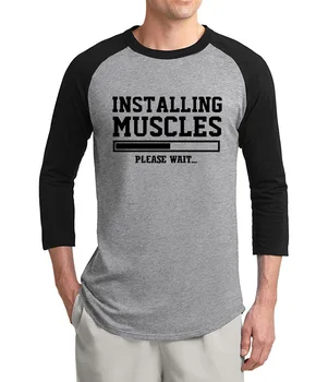 

Installing Muscles-Please wait letter print funny 3/4 sleeve t shirts men 2020 summer cotton raglan men t-shirt o-neck top tees