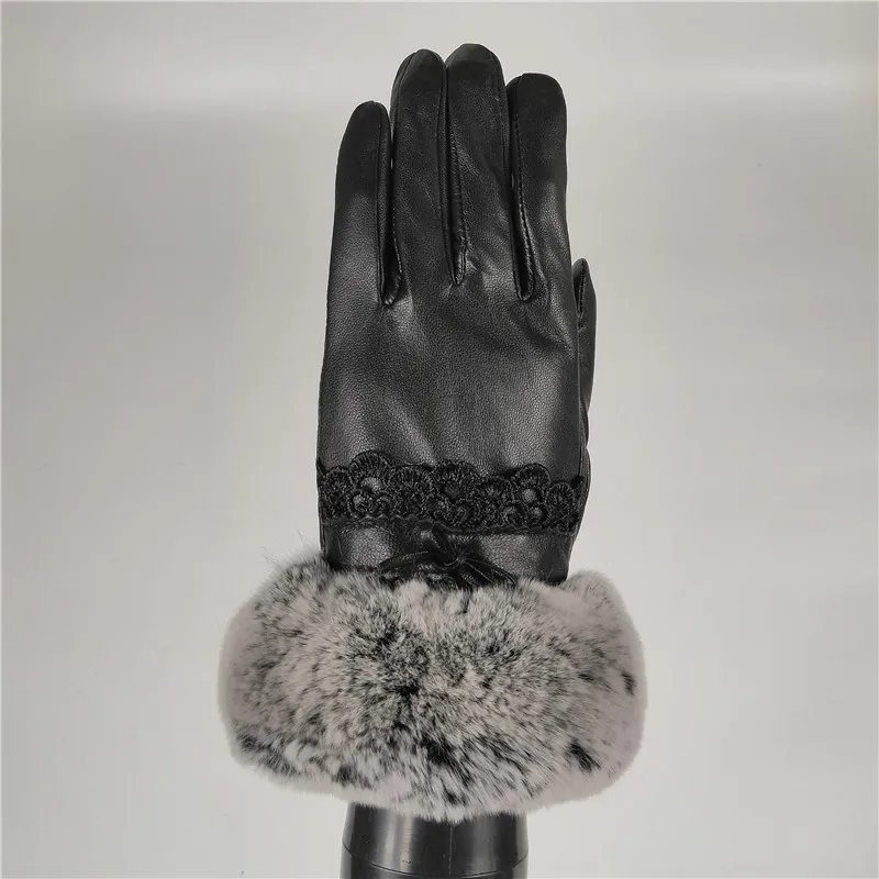 Женские кожаные перчатки теплые осень-зима мягкая отделка мехом кролика мех наручные бархатные носки кораллового цвета с натуральным мехом Элегантные Перчатки