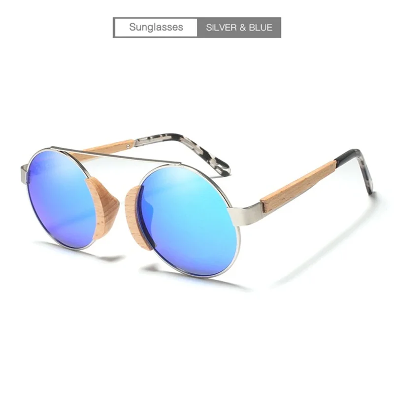 HDCRAFTER круглые деревянные солнцезащитные очки, поляризационные, ручной работы, бамбуковые, солнцезащитные очки для женщин,, УФ защита, солнцезащитные очки - Цвет линз: SilverBlue