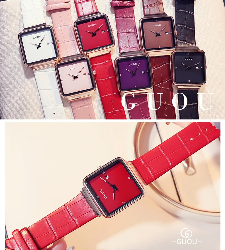 Новая мода Дизайн GUOU Марка часы ремешок для женщин платье женский квадратный циферблат Кварцевые женские наручные Relogio feminino