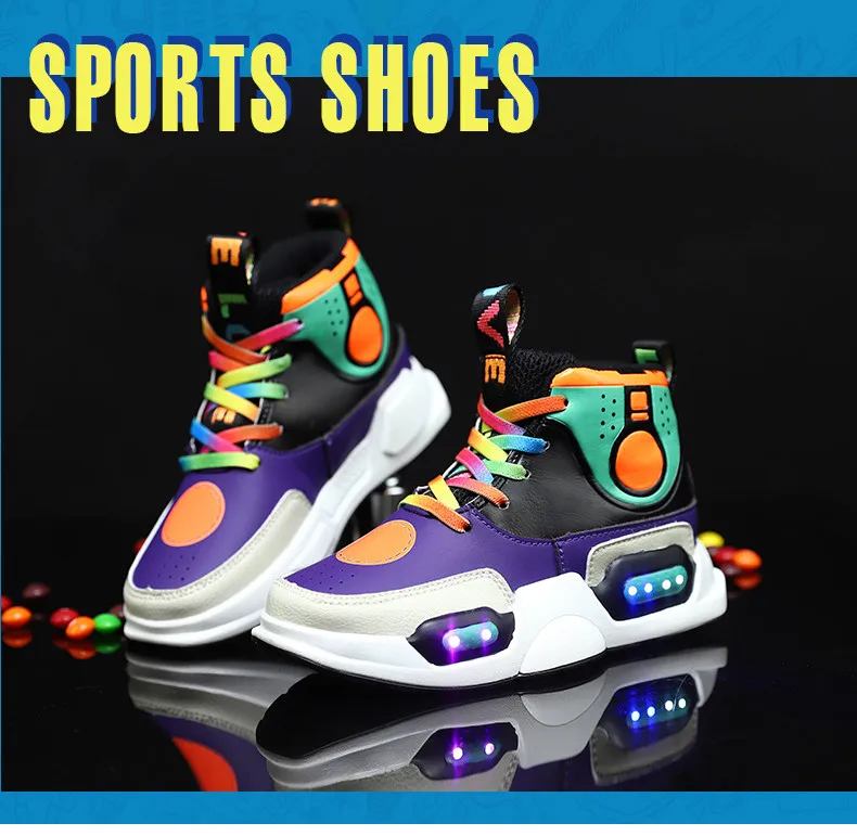 2019 New USB Charging Basket Children Led Shoes Boys With Light Up Casual Kids Shoes Girls Sneakers Glowing Shoes Genuine Leather  (14)
