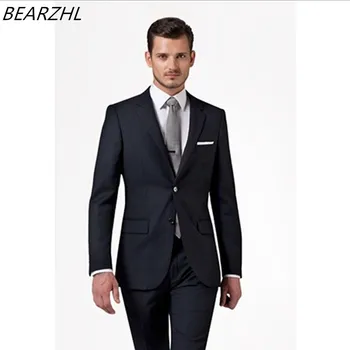 

prom suits navy blue for wedding groom tuxedo slim fit high quality men suit notch collar wool bleed