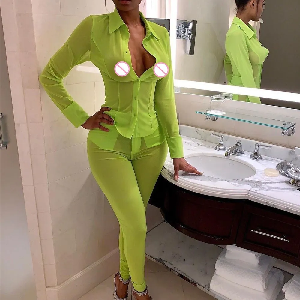 

Women Sexy Transparent Two Piece Set 2019 Long Sleeve Top Pencil Pants Summer Suit Casual Party Tracksuit