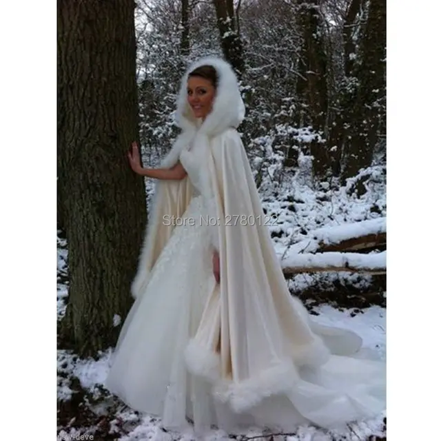 Best Product Top Rated Winter Wedding Capes With Faux Fur Edge Hooded Long Bridal Wedding Cloak Champagne Satin Bride Poncho Wraps