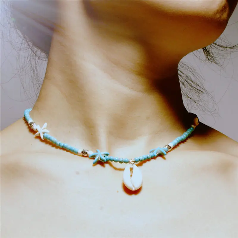 

Bohemian Seashell Beads Necklace For Women Red Green Stone Choker Puka Boho Shell Starfish Necklace Collier Femme Beach Jewelry