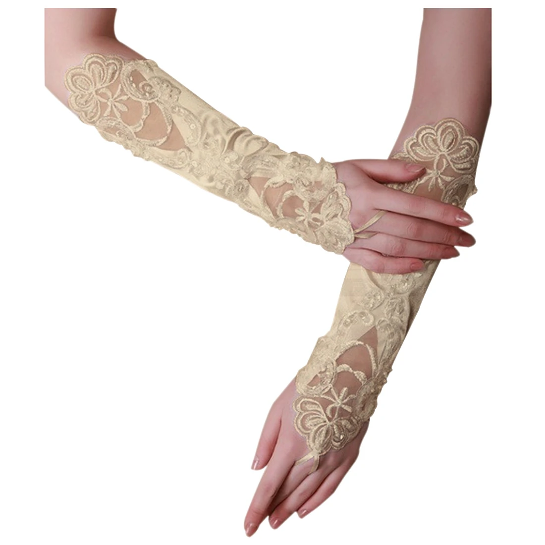 

1 pair Bride Party Fingerless Pearl Lace Satin Gloves Costume NEW Champagne