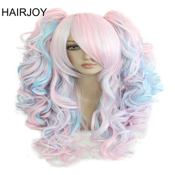 HAIRJOY Women 70cm Long Blue Mixed Pink Wavy Braided 2 Ponytails Synthetic Party Cosplay Wig 15 Colors Available