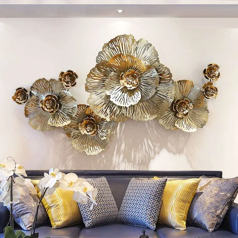 

Luxury Gold Peony Flower 3D Wall Hanging Iron Craft Decoration Livingroom Sofa Background Mural Porch Mural Ornament R633