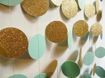 

Gold and Light Turquoise Glitter Circle Garland, Paper Dot Garland, Wedding Reception Decor, Bridal Shower Decoration