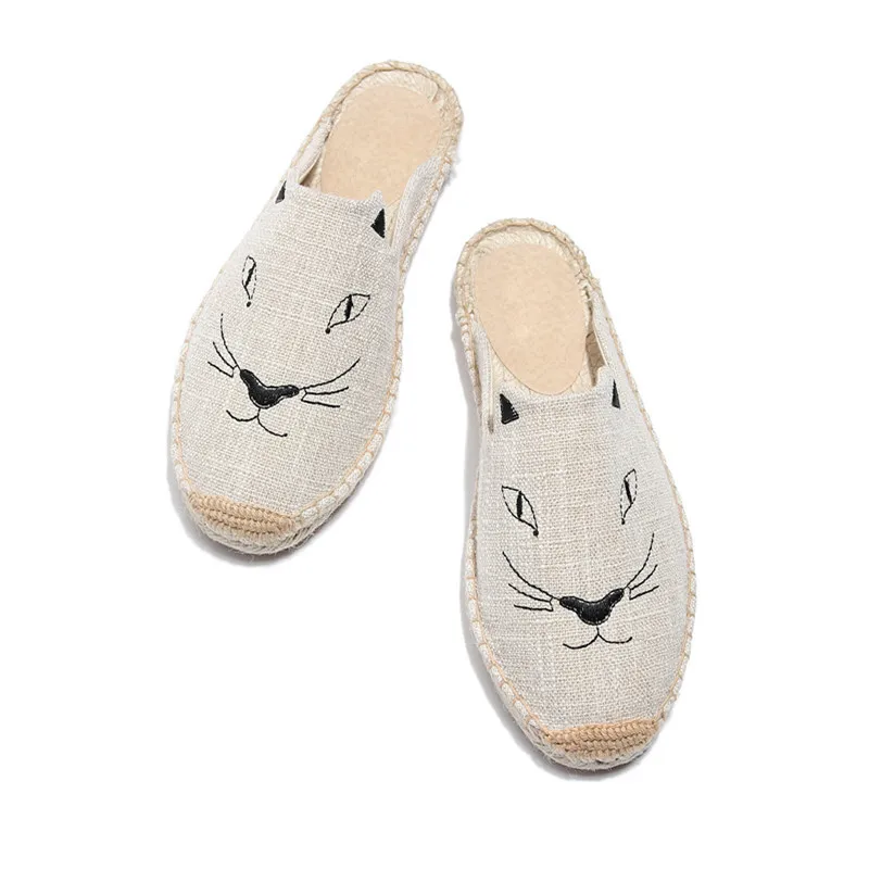 2019 Summer New Female Embroidery Cats Sippers Round Toe Lady Flat Espadrilles Slide Fisherman Shoes Slip On Women Beach Sandals (10)