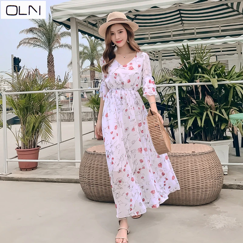 Korean beach dress seaside holiday dress bohemian long dress large swing long floral chiffon dress