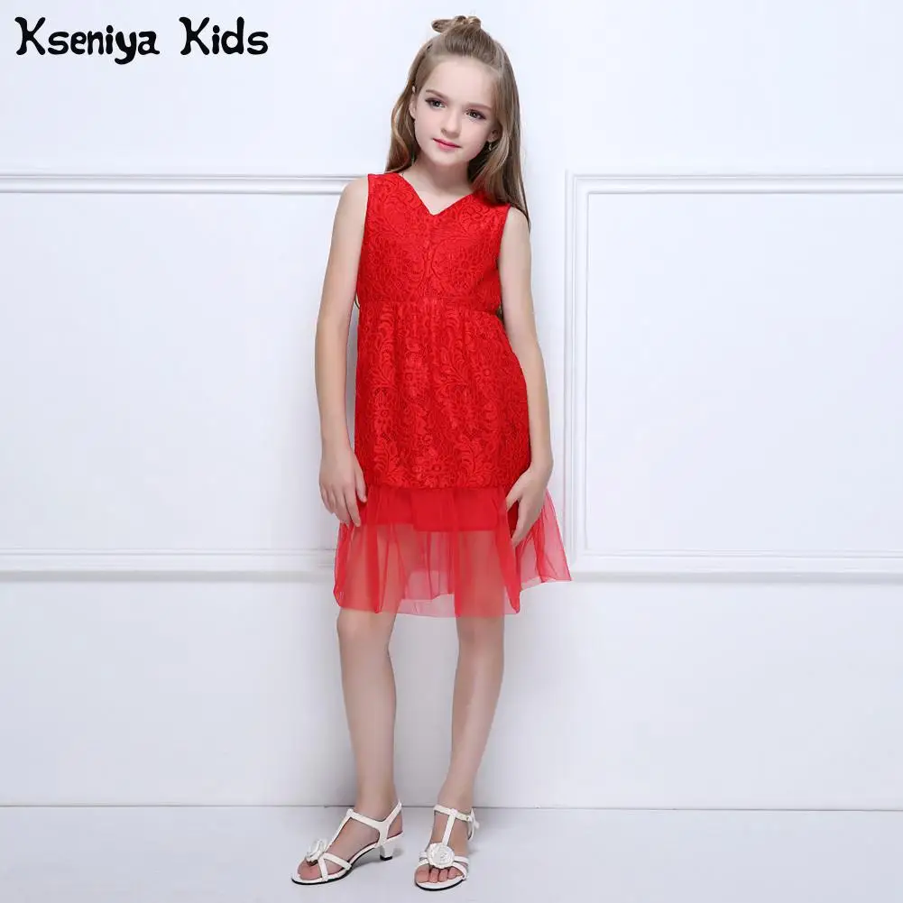 

Kseniya Kids Children Baby Girl Red Trumpet Mermaid Lace Ruffles Embroidery V-neck Party Wedding Dress For Girls Evening Dresses