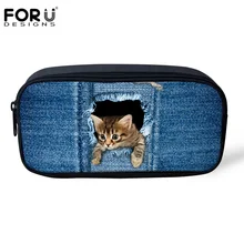 FORUDESIGNS Funny Cat Dog Denim Pencil Bags for Boys Girls Make up Cosmetic Cases Jeans Pet Pen Box Kids School Office Supplies