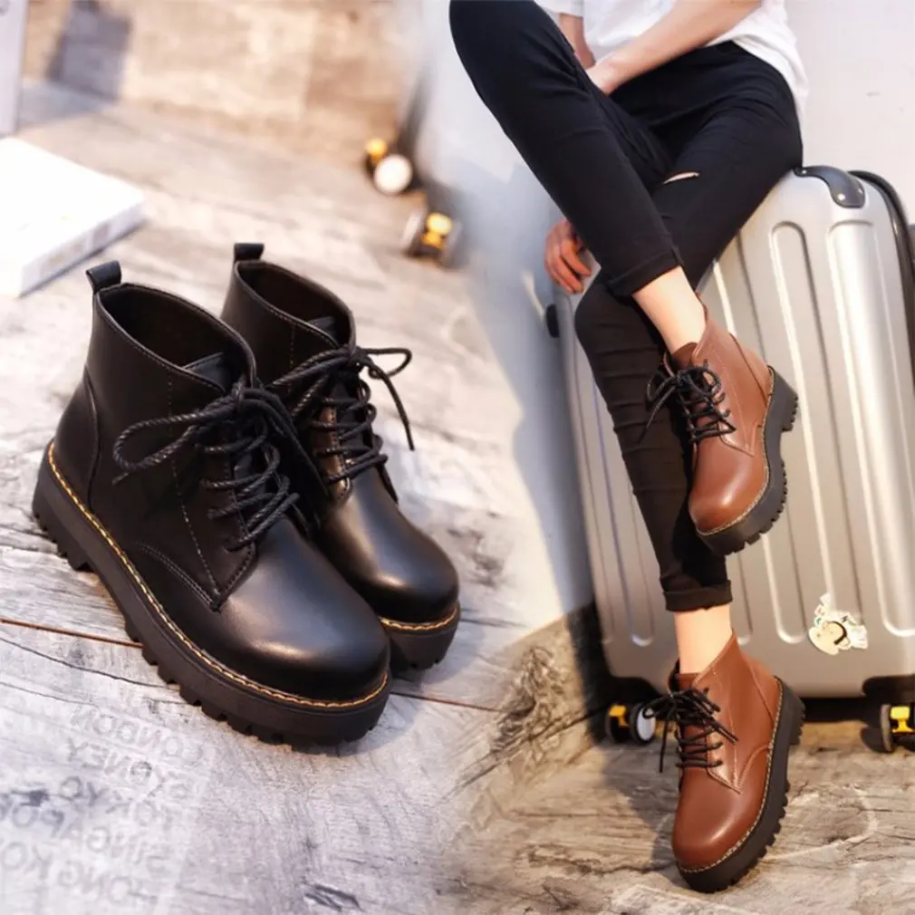 

Japanese Style Fashion Women Shoes PU Leather Ankle Boots Flat With Thick Outsole Martin Boots for Autumn Winter
