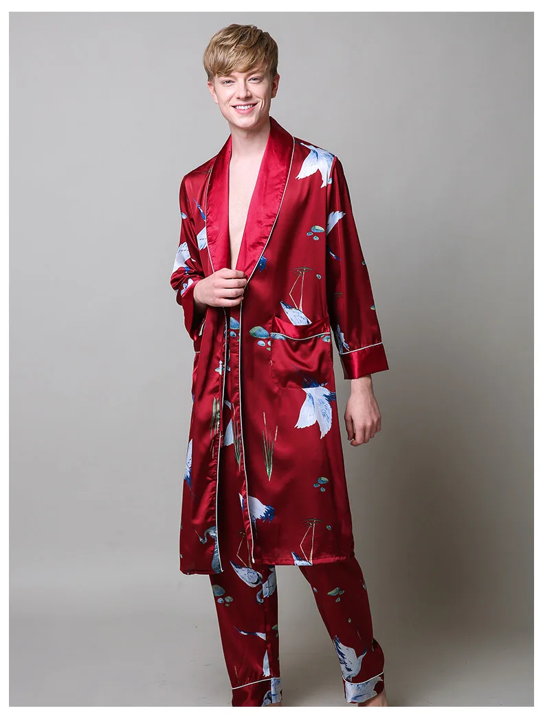 Two-Pieces Silk Nightgown Satin male Sleepwear Loose Tiger Dress Silky Long Sleeve Robe and Long Pants bathrobe set for Men mens pjs