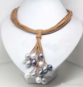 

Fashion Jewelry White Black Pearl leather Beauty magnet Necklace>>> free shipping