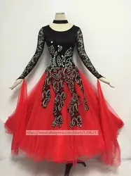 Костюмы для бальных танцев платья для танцев черный с красным Стандартный Вальс Танго Костюмы для фламенко костюм для взрослых с длинными