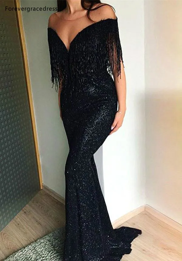 Black Prom Dresses Elegant Tassels Off Shoulder Sheer Scoop Neckline Mermaid Evening Gowns Reflective Party Dress Wear BC1086  145 (6)