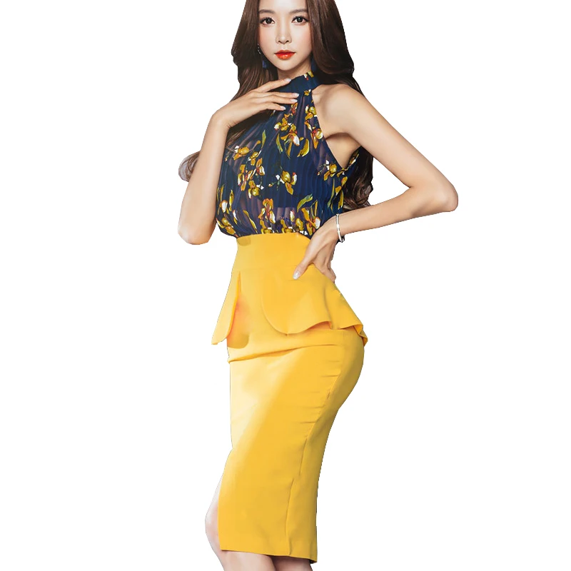 Korean Lady Fake 2 Pieces Designer Clothes Halter Fl Chiffon Korean Lady Fake 2 Pieces Designer Clothes Halter Fl Chiffon Patchwork Ruffle Split Wrap Dress Bodycon Bandage Sheath