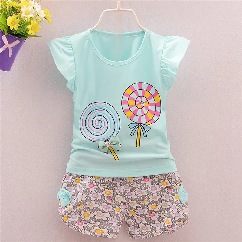 2PCS Toddler Kids Baby Cute Girls Bowknot Outfits Lolly T-shirt Tops+Short Pants Clothes Set Clothing Set Ensemble Fille Summer
