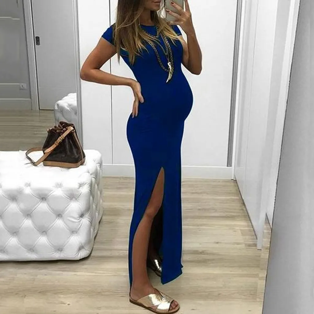 

SZYADEOU Women Pregnant Dress Open Fork Maternity Dresses Bodycon Short Sleeve Robe femme enceinte vestido embarazada C4