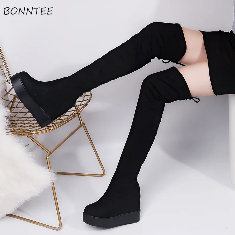 

Boots Women 2018 Fashion Long Thigh High Thick Bottom Warm Fur Plush Boot Slim Elegant Over The Knee Flat Platform Womens Shoes