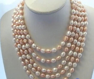 

ddh003246 LONG 100" 10MM WHITE PINK BAROQUE FRESHWATER CULTURED PEARL NECKLACE