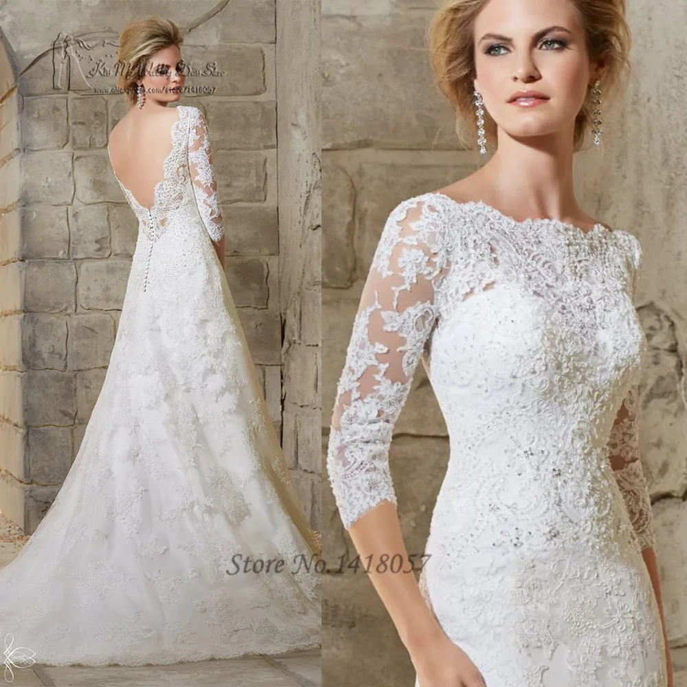 Elegant Lace Backless Wedding Dresses Beaded A Line Bridal Gowns Brush Train 3 4 Sleeves Wedding