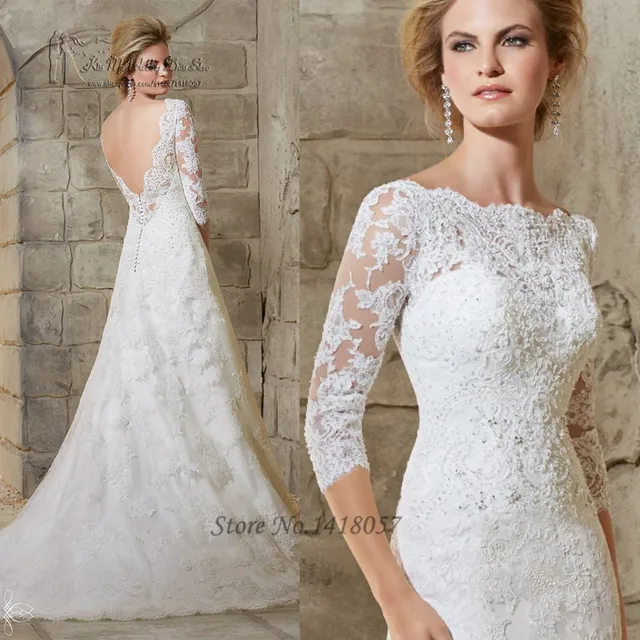 elegante encaje sin espalda boda vestidos con cuentas una línea de