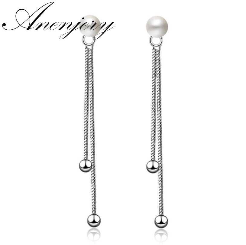 Простые, модные, 925 пробы, серебряные, Bijoux, имитация жемчуга, кисточка, длинные серьги, линия уха для женщин, ювелирные изделия, S-E179