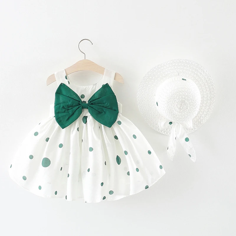 

Cute Dot Summer Baby Dress Big Bow Sleeveless Princess Baby Girl Dress with Hat A-Line Cotton Infant Dresses Baby Girl Clothes